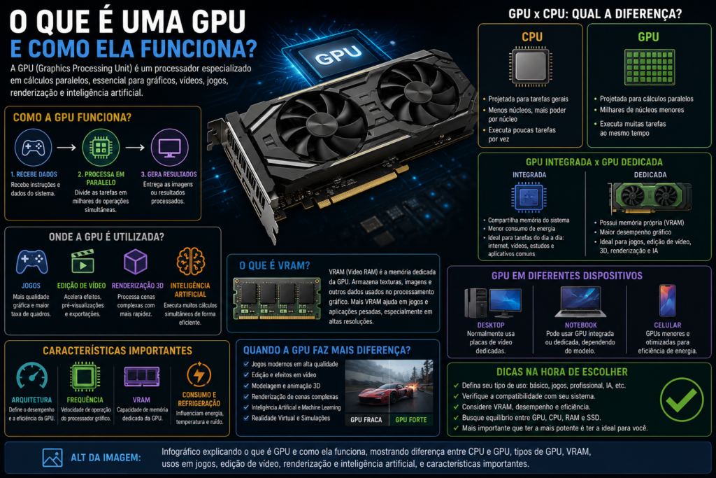 O que é uma GPU e como ela funciona, mostrando CPU e GPU, GPU integrada e dedicada, VRAM e aplicações.