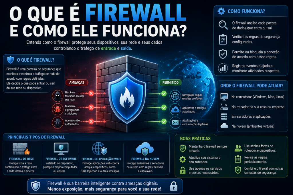 O que é firewall e como ele funciona, mostrando o controle do tráfego de rede, bloqueio de ameaças e proteção de computadores, roteadores e servidores.