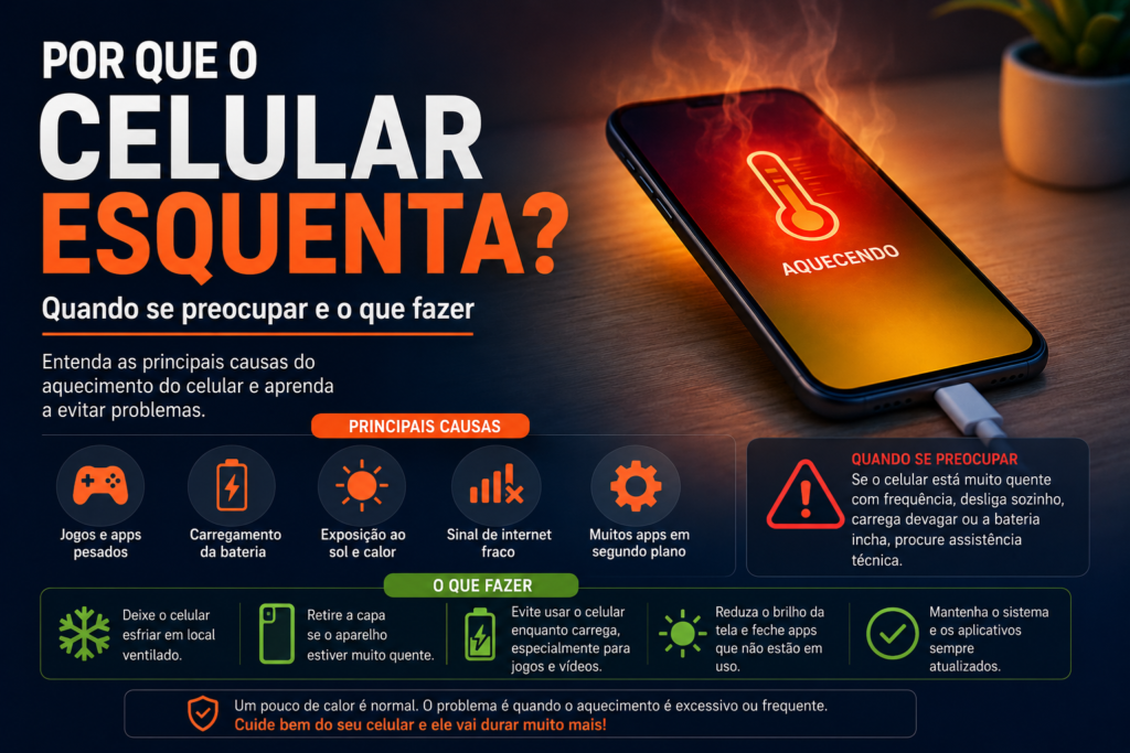 Por que o celular esquenta, mostrando smartphone aquecido e principais causas do superaquecimento.