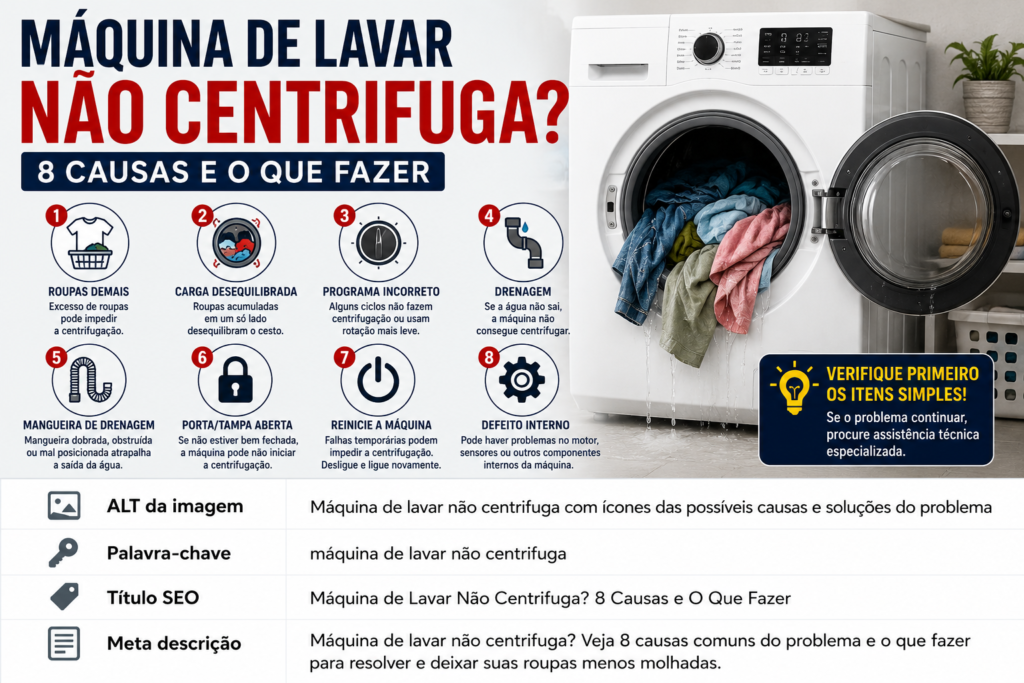 Máquina de lavar não centrifuga com possíveis causas e soluções do problema