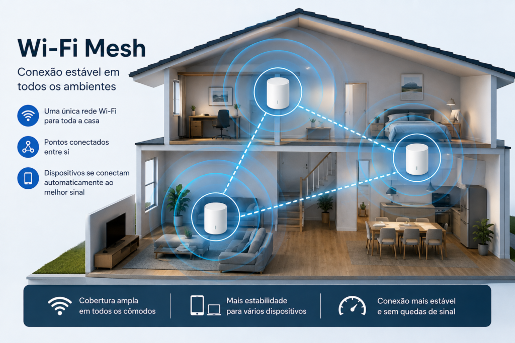 Wi-Fi Mesh distribuindo sinal por diferentes cômodos da casa