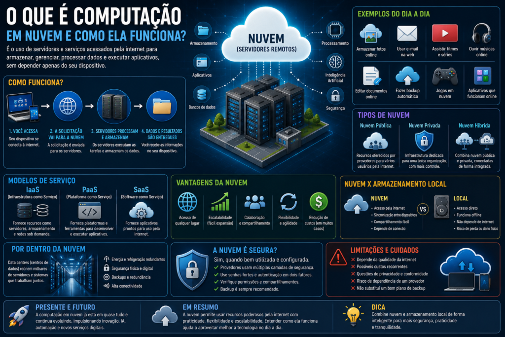 O que é computação em nuvem e como ela funciona, mostrando servidores, armazenamento, processamento, tipos de nuvem e exemplos.