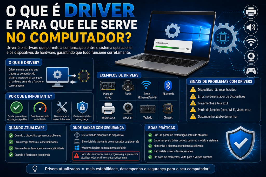 O que é driver e para que ele serve no computador, mostrando a comunicação entre sistema operacional e componentes de hardware.
