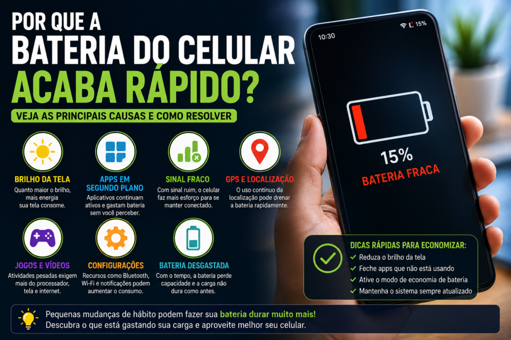 Por que a bateria do celular acaba rápido, mostrando bateria fraca e principais causas do consumo de energia.