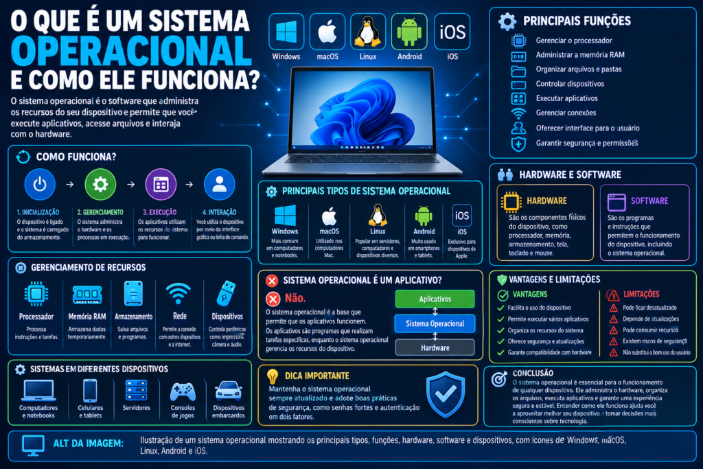 O que é um sistema operacional e como ele funciona, mostrando Windows, macOS, Linux, Android, iOS, hardware e gerenciamento de recursos.