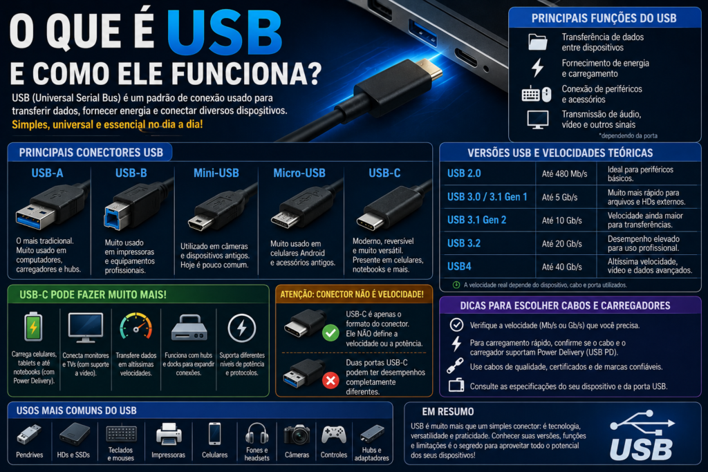O que é USB e como ele funciona, mostrando conectores USB-A, USB-B, Micro-USB e USB-C, velocidades, transferência de dados e carregamento.