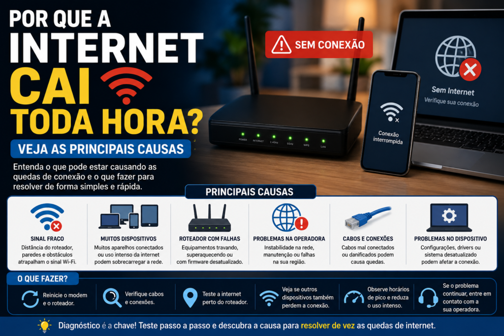 Por que a internet cai toda hora, mostrando roteador, Wi-Fi sem conexão e principais causas das quedas de internet.