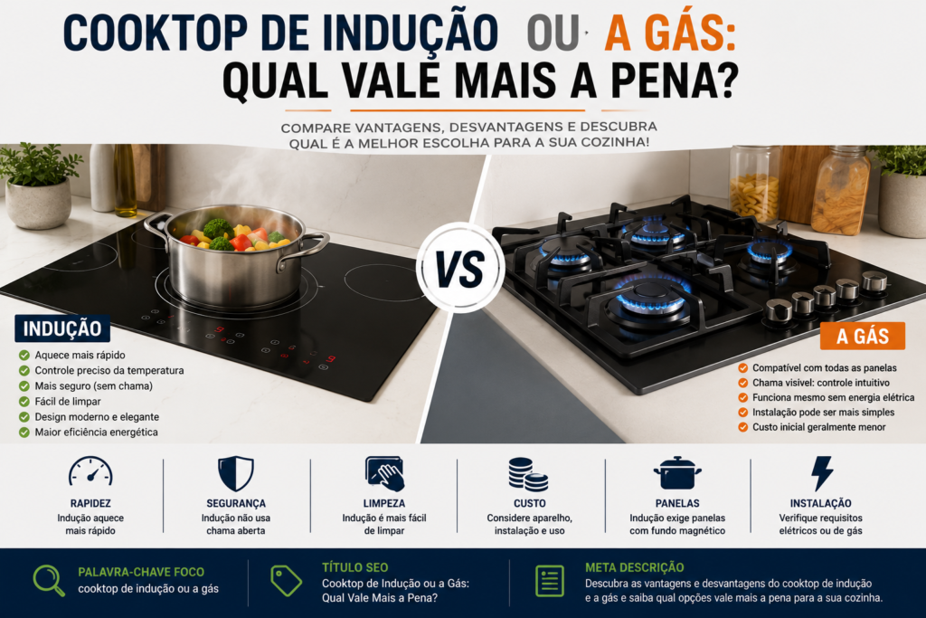 Cooktop de indução ou a gás comparando vantagens, instalação, segurança e praticidade