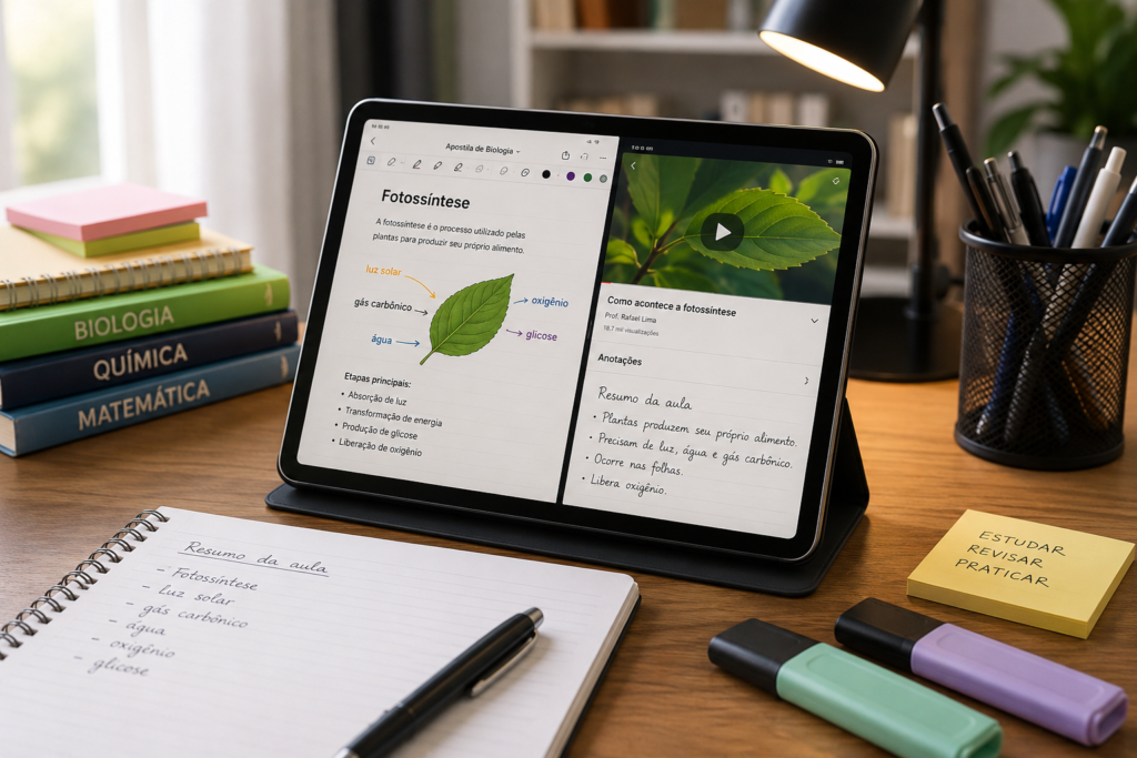 Tablet para estudar com materiais de estudo, anotações e videoaula