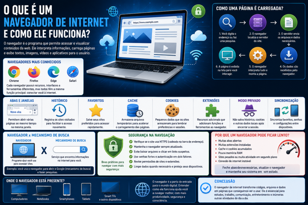O que é um navegador de internet e como ele funciona, mostrando carregamento de páginas, abas, cache, cookies, extensões e segurança.