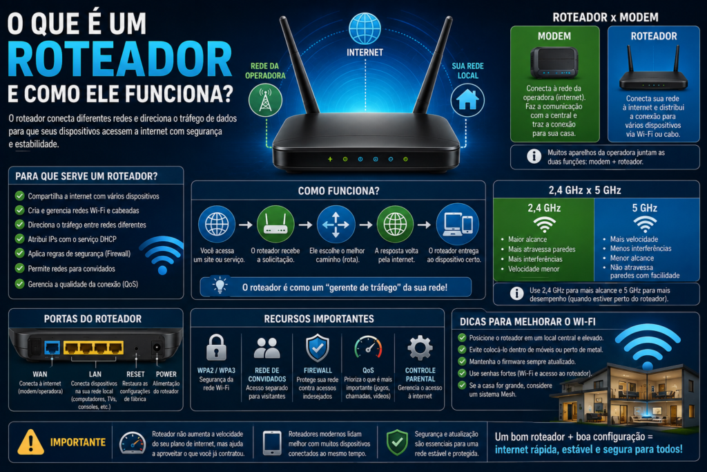 O que é roteador e como ele funciona, mostrando conexão com a internet, rede local, Wi-Fi, portas LAN e WAN e diferenças entre 2,4 GHz e 5 GHz.