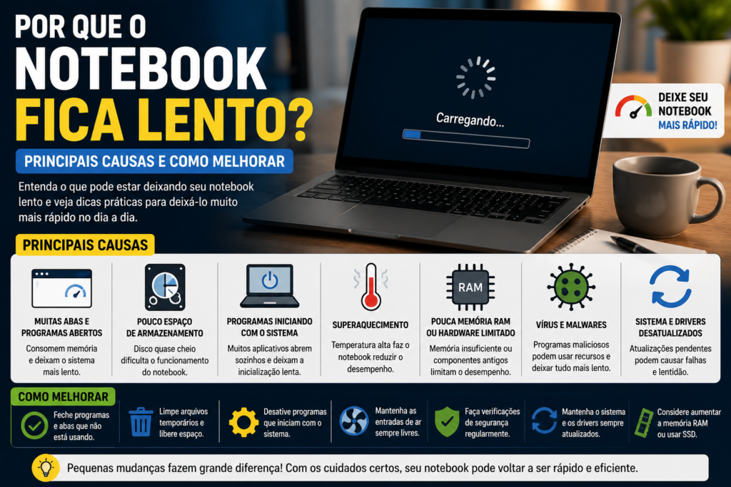 Por que o notebook fica lento, mostrando computador com lentidão e principais causas e formas de melhorar o desempenho.