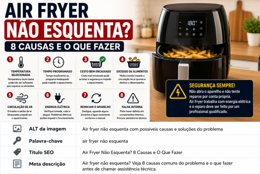 Air fryer não esquenta com possíveis causas e soluções do problema