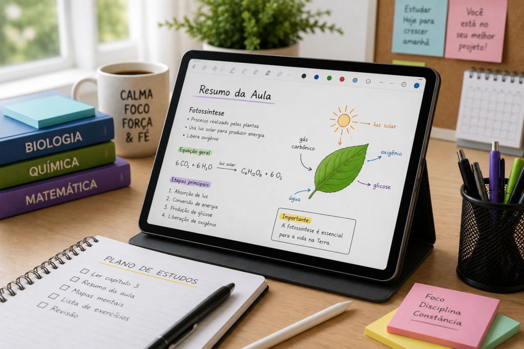 Tablet para estudar com anotações, livros e materiais de estudo