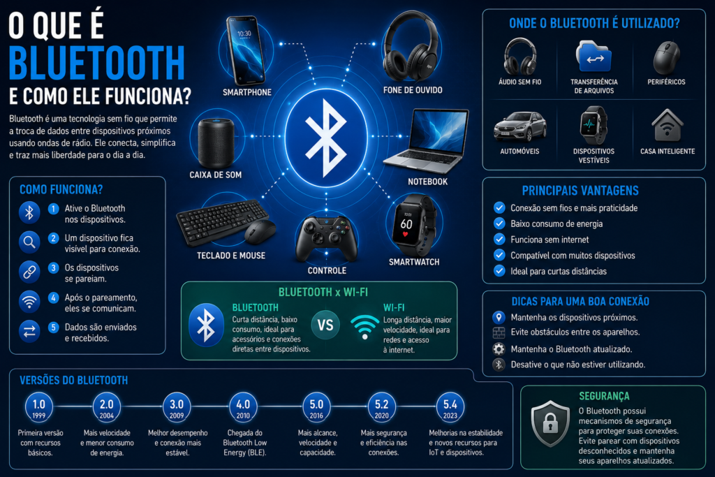 O que é Bluetooth e como ele funciona, mostrando pareamento, fones, smartphones, notebooks, controles e outros dispositivos sem fio.