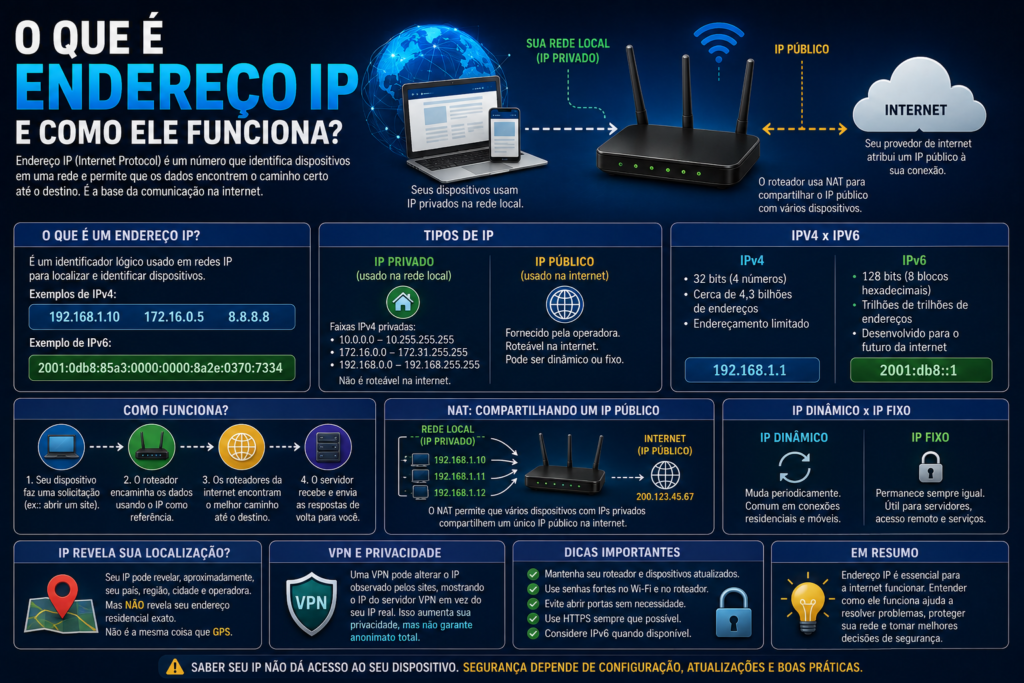 O que é endereço IP e como ele funciona, mostrando IP público e privado, IPv4, IPv6, NAT, roteador e privacidade na internet.