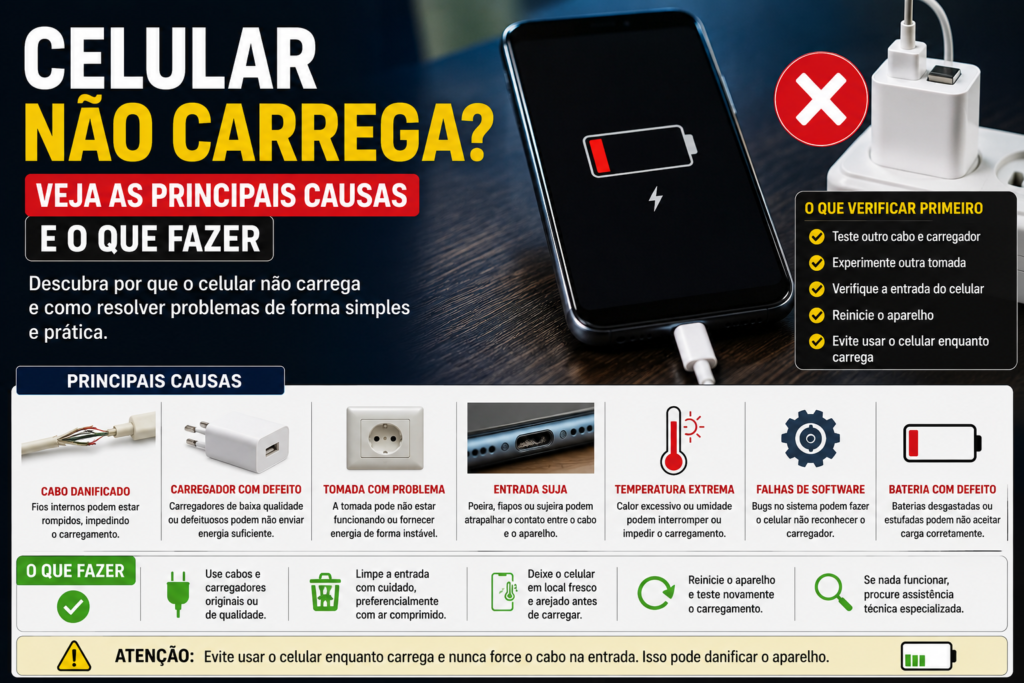 Celular não carrega, mostrando smartphone conectado ao carregador e possíveis causas como cabo, carregador, entrada e bateria.
