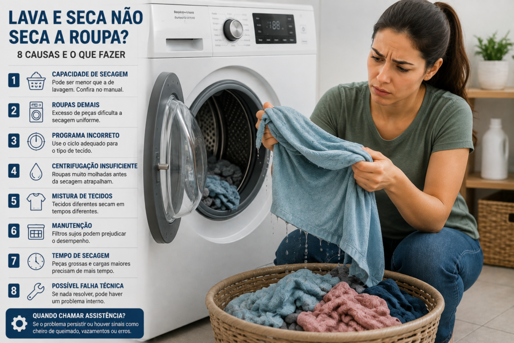 Lava e seca não seca a roupa com principais causas do problema e roupas ainda molhadas